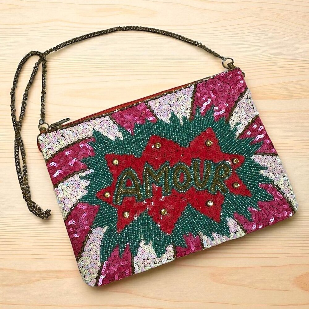 MOD Magenta Pink & Green AMOUR Beaded Sequined Shoulder Bag Clutch Lovely Mary
